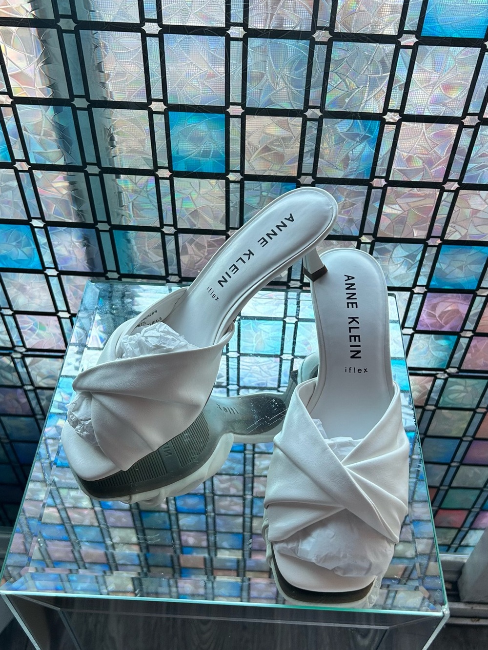 Anne Klein White Knotted Slide kitten  Heels with iFlex Footbed